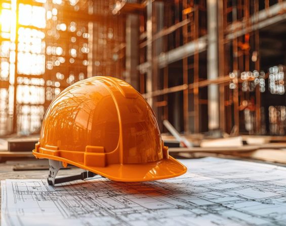 Construction Site with Safety Helmet and Blueprints
